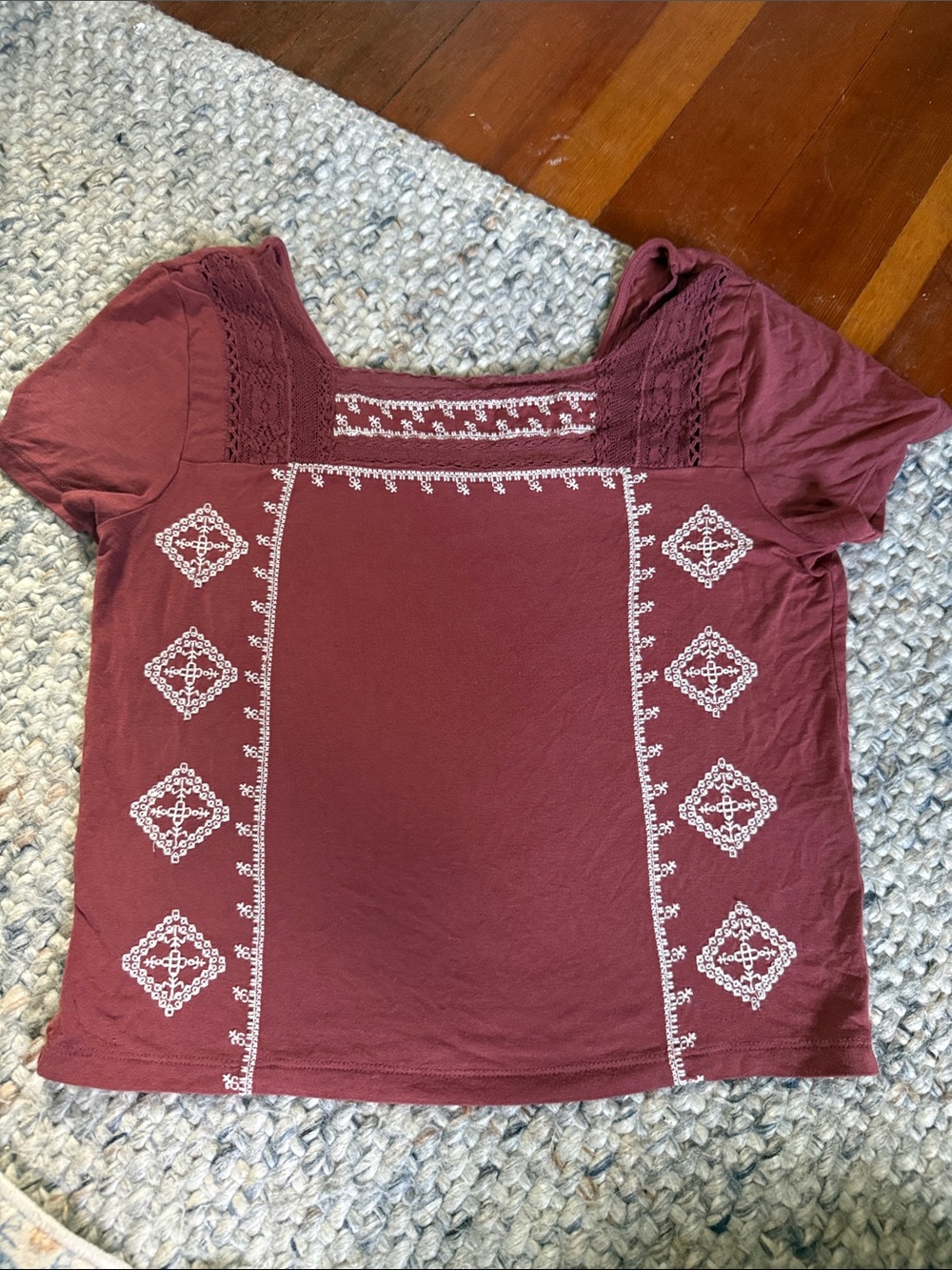 American Eagle Outfitters Maroon Short-Sleeve Embroidered Square-Neck Top